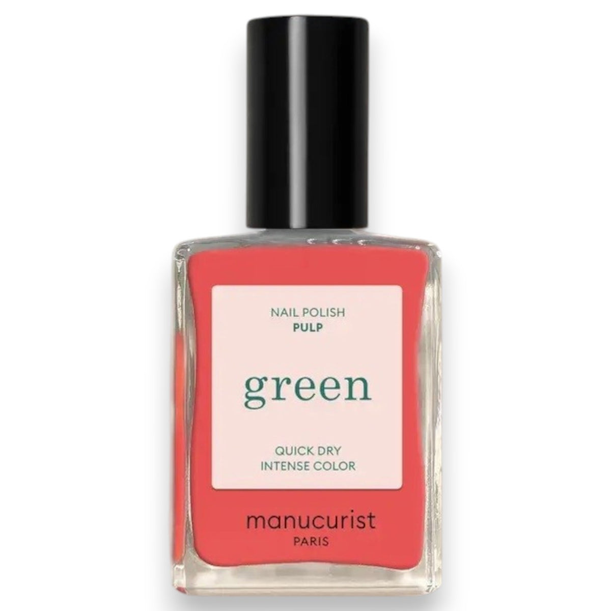 A bottle of MANUCURIST INC’s GREEN™ Nail Polish in the shade “Pulp,” showcasing a vibrant coral hue, with a sleek black cap and a label that reads “green quick dry intense color,” made using bio-sourced ingredients.