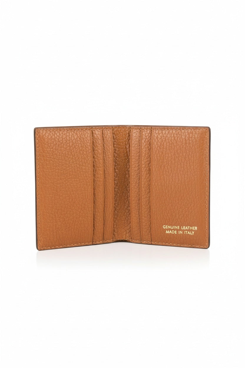 The open gray LEATHER CARD HOLDER by LE BORSETTE features multiple slots. "Genuine Leather Made in Italy" is engraved in the bottom right corner, with its shiny surface reflecting sophistication and fine Italian craftsmanship.