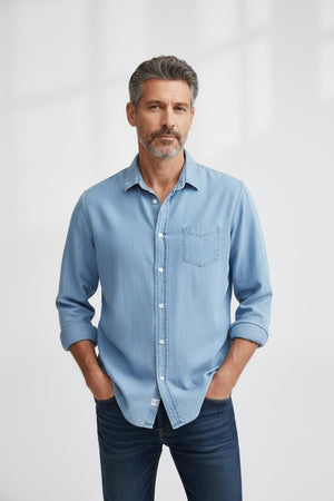 A man with short curly hair wears the FRANK & EILEEN LUKE Men’s Classix Button Up Shirt in Famous Denim Classic Blue Wash, paired with dark pants. He stands against a plain white background, facing forward with a neutral expression. This classic button-up from FRANK & EILEEN offers versatile, effortless style perfect for everyday wear.