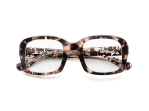 CADDIS - SHELBY PROGRESSIVE READERS by CADDIS are rectangular eyeglasses with oversized frames in a brown and black tortoiseshell pattern, crafted from premium acetate and shown from the front on a white background.