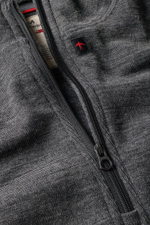 The RELWEN Wool and Cotton Quarter Zip in Charcoal Heather is laid flat on a white background, featuring long sleeves slightly bent at the sides and a collar partially unzipped.