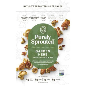 The image displays the front packaging of PURELY SPROUTED - GARDEN HERB SPROUTED SNACK MIX by PURELY SPROUTED, showcasing a blend of nutrient-dense sprouted nuts such as almonds and cashews, along with pumpkin seeds and toasted corn seasoned with buttermilk and herbs. This superfood mix is plant-based, gluten-free, and vegan.