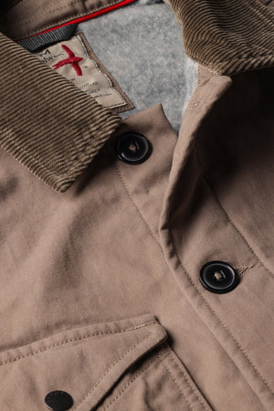 Three folded RELWEN Pile-Lined Chore Coats in Tobacco, Olive, and Charcoal are stacked, highlighting classic workwear style with buttoned front pockets and prominent stitching details. The rugged fabric texture and metal buttons of each RELWEN jacket are clearly visible.