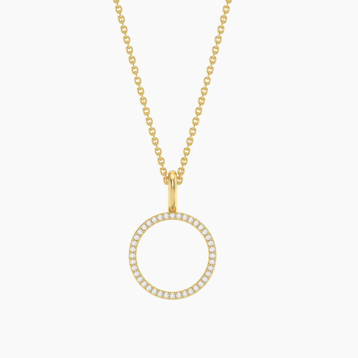 The ELLA STEIN - STANDING O PENDANT NECKLACE by ELLA STEIN features a delicate gold link chain showcasing a circular gold-plated pendant, elegantly outlined with small white gemstones. Photographed on a plain white background, this simple yet sophisticated necklace brings together the enduring appeal of stainless steel jewelry and modern design.