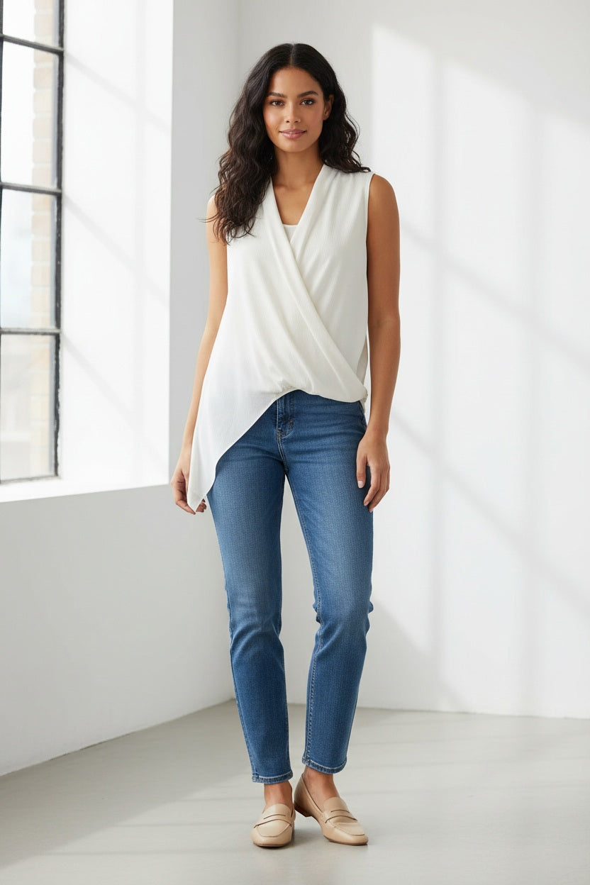 A woman with long dark hair stands indoors near a sunlit window, facing the camera and smiling slightly. She is wearing the SEVENTY Jersey Sleeveless Top with Draped Hemline by SEVENTY—a white wrap top featuring a V-shaped shawl collar and an asymmetric crossed design—paired with blue jeans and beige loafers.