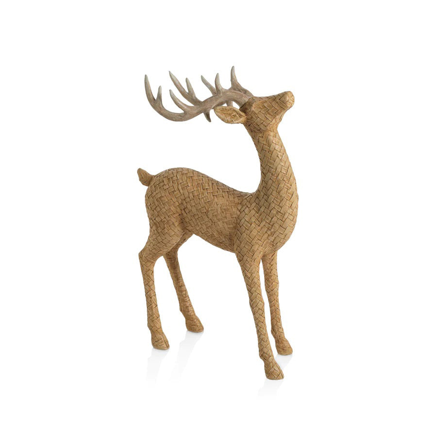 The ZODAX RATTAN STANDING DEER features charming woven straw detail and white antlers. Measuring 8.25&quot; x 13&quot;, these figurines are beautifully displayed against a neutral, softly blurred background.