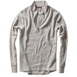 RELWEN - Wool and Cotton Quarter Zip in Light Grey Heather, a long-sleeve pullover sweater from RELWEN, is laid flat on a white background. This lightweight, layer-ready sweater features a soft, slightly textured double-faced knit fabric and displays a visible tag near the quarter-zip collar.