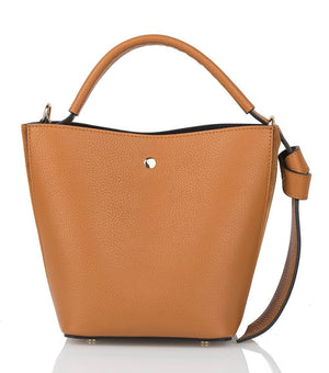 Introducing the SMALL LEATHER BUCKET HANDBAG by LE BORSETTE: This sleek white handbag boasts a structured design with a single top handle and detachable crossbody straps. With its minimalistic style and tiny gold accent on the front, its clean lines and smooth texture provide a modern, sophisticated look.