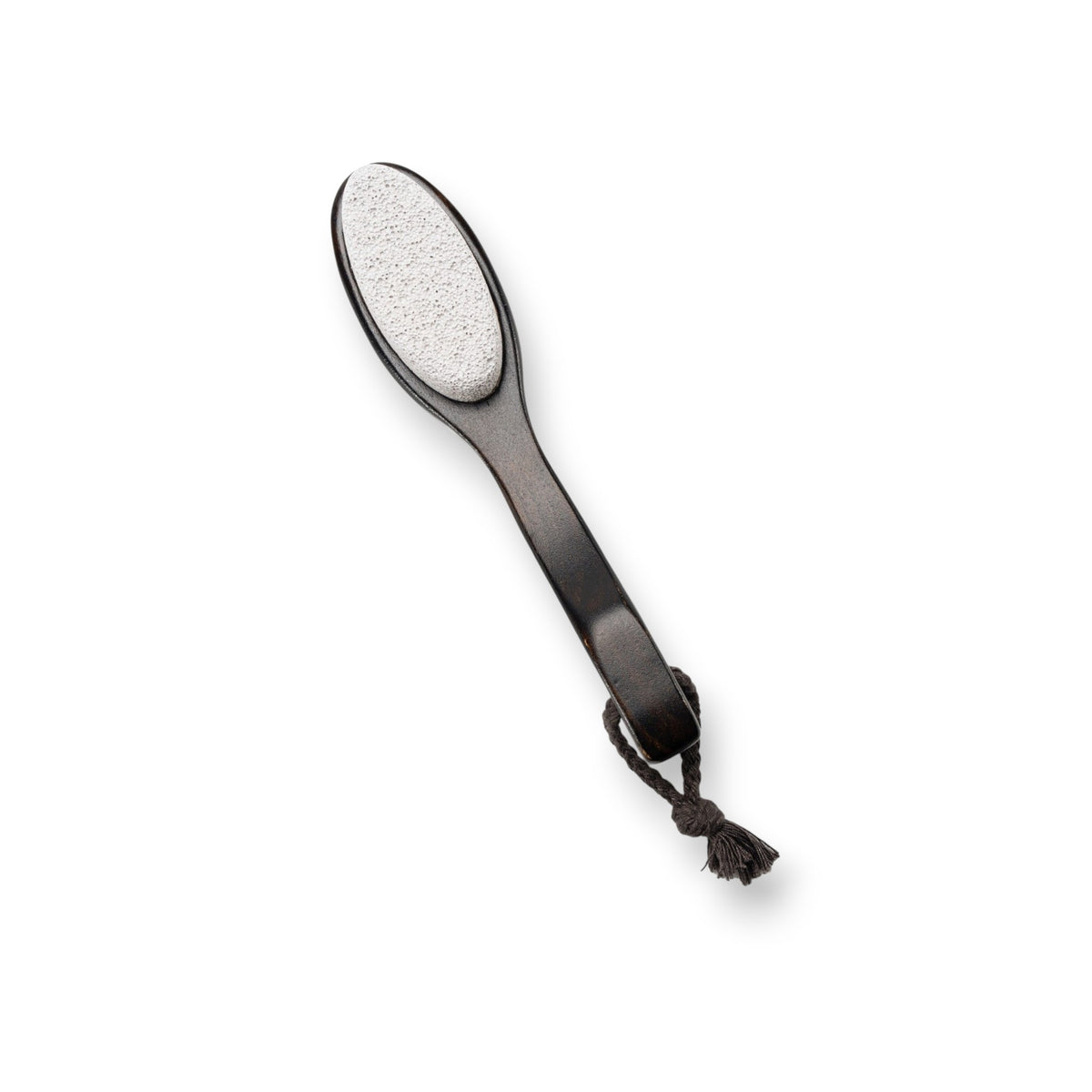 A two-sided foot file with a wooden handle and attached rope, featuring natural pumice on one side and a black abrasive surface on the other. The product, BAUDELAIRE - BEECHWOOD 8&quot; FOOT FILE by BAUDELAIRE, is laid next to its box, which has a botanical design and the branding &quot;Beechwood Foot File&quot; inspired by Japanese rituals.