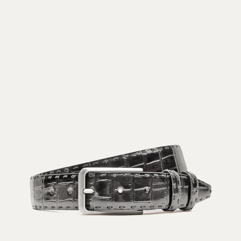 The WILL LEATHER GOODS - CROCO BELT IN BLACK features premium black leather with a crocodile texture and a silver buckle, shown against a plain white background.