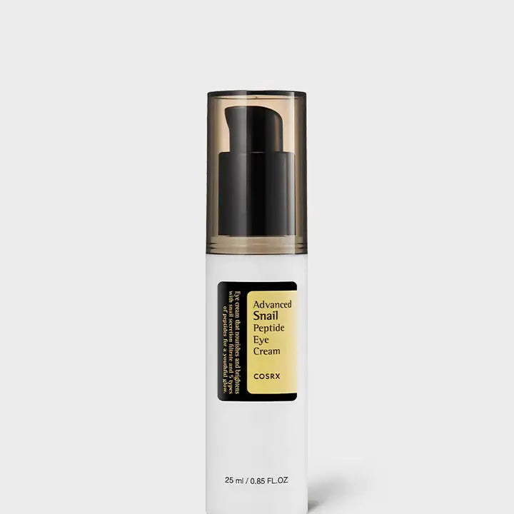 A 25ml white bottle of ASIAN BEAUTY WHOLESALE ADVANCED SNAIL PEPTIDE EYE CREAM with a black pump and translucent cap, plus yellow and black label, stands upright on a plain light background—great for dark circles and anti-aging.