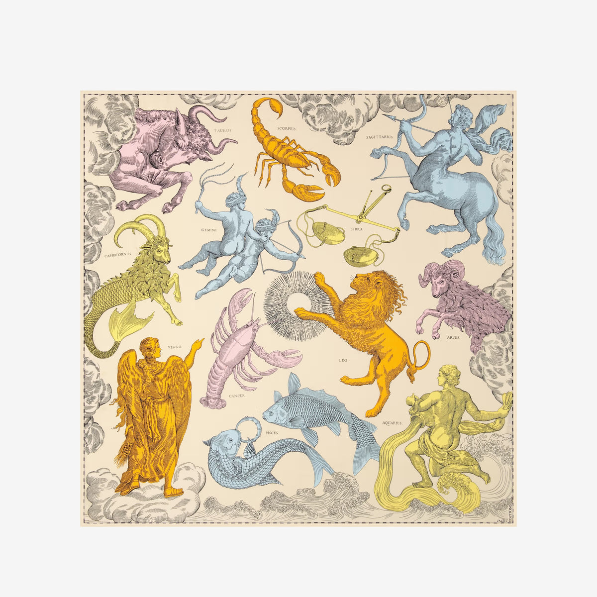 A person with long dark hair wears the INOUI EDITIONS Astrologie Scarf—a silk modal blend adorned with intricate zodiac signs—over a white strapless top, set against a plain white background.