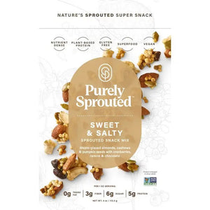 The image shows the front packaging of PURELY SPROUTED - SWEET AND SALTY SPROUTED SNACK MIX, a product by PURELY SPROUTED that features sprouted nuts and seeds such as maple-glazed almonds, cashews, pumpkin seeds, cranberries, raisins, and chocolate. This snack mix boasts key features including plant-based protein, gluten-free ingredients, and vegan certification.