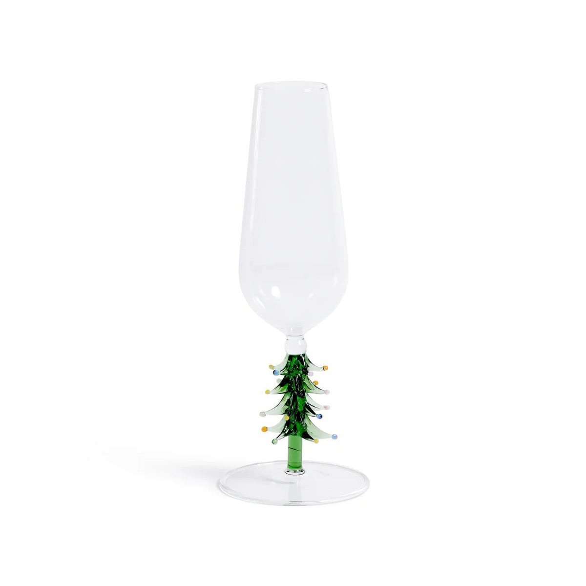 The ZODAX TREETOP CHEERS CHAMPAGNE FLUTE features a clear bowl and a festive green Christmas tree stem with colorful ornaments. Holds 7.78 oz (230 ml).