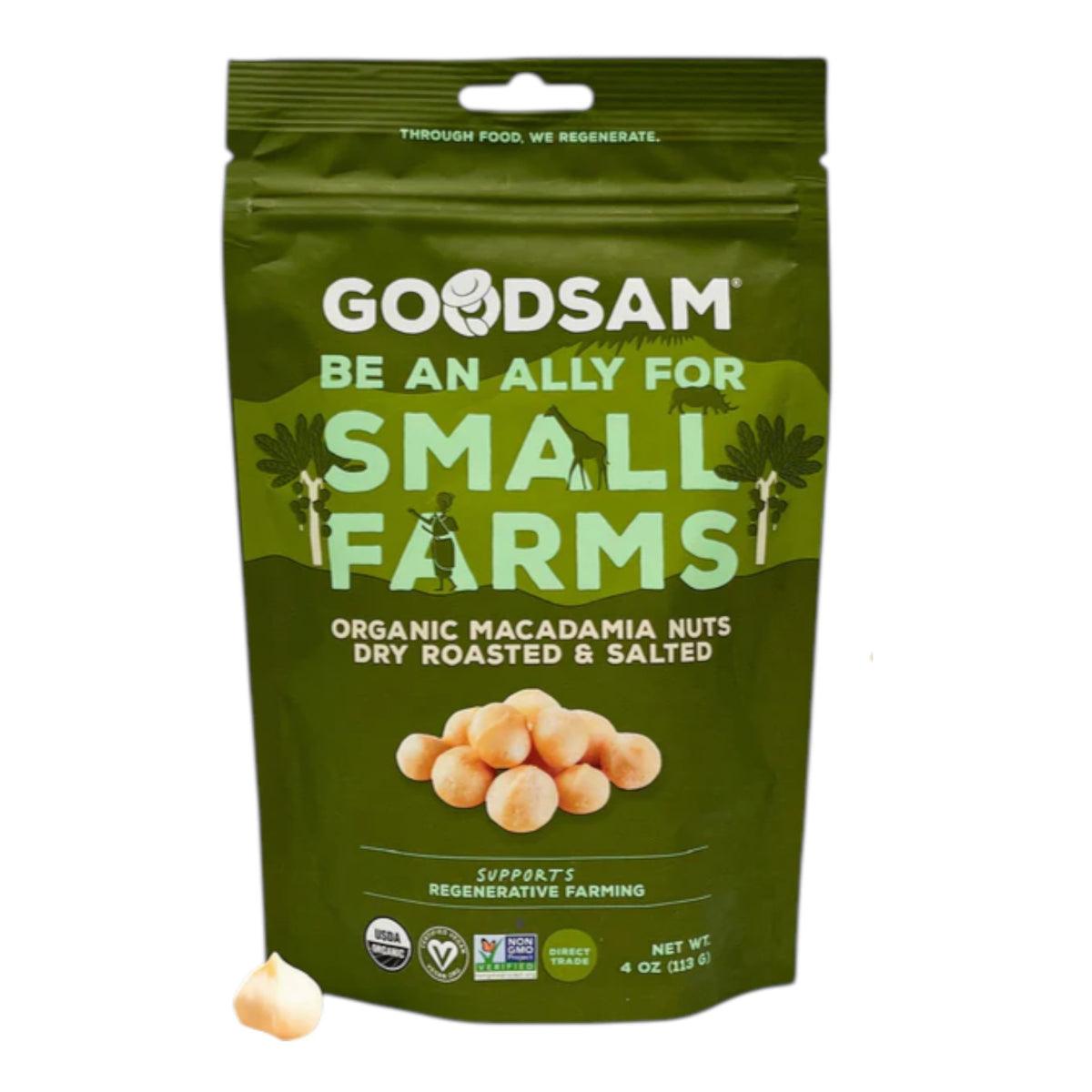 A green resealable bag of GOODSAM FOODS Organic Salted Macadamia Nuts, grown in Kenya, features “Be an ally for small farms,” images of nuts and palm trees, and a nut outside the bag—enjoy their buttery sweetness!.