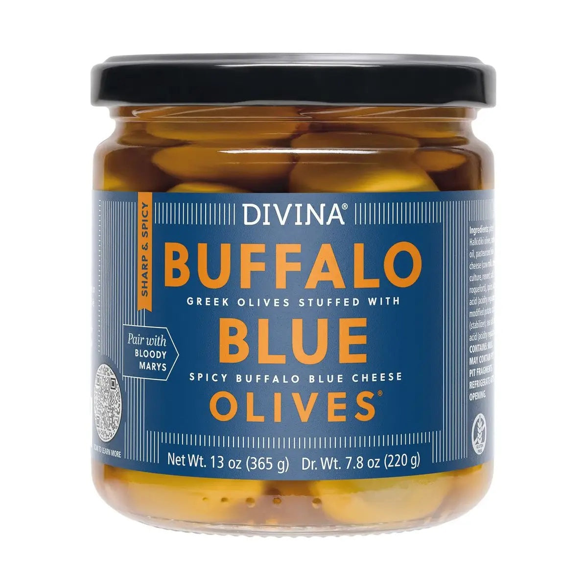 Five green olives from DIVINA, stuffed with a creamy buffalo blue cheese filling, are arranged on a white background. Their glossy appearance suggests they are preserved in brine or oil—excellent examples of DIVINA - BUFFALO BLUE OLIVES.