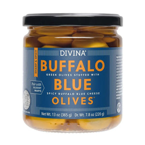 Five green olives from DIVINA, stuffed with a creamy buffalo blue cheese filling, are arranged on a white background. Their glossy appearance suggests they are preserved in brine or oil—excellent examples of DIVINA - BUFFALO BLUE OLIVES.