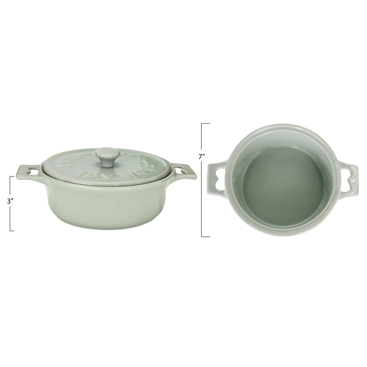 Set of two CREATIVE COOP stoneware brie bakers with lids—one gray, one white—each featuring handles and a matching wooden spreader tied on top.