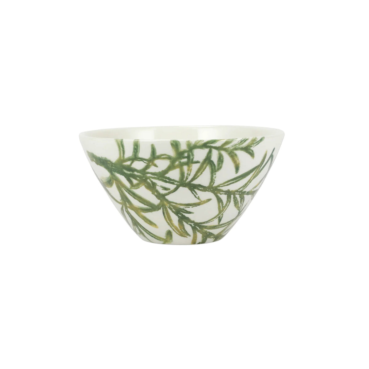 The VIETRI - Fauna Cereal Bowl is a small, white ceramic piece adorned with delicately painted green leaf designs on the exterior, evoking the lush greenery of Umbria. This bowl features a simple, elegant shape with a slightly flared rim and a smooth finish.