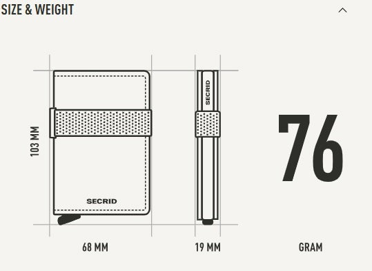 Diagram showing the SECRID - BANDWALLET MATTE POWDER IN EARTH AND BEIGE RFID protected wallet by SECRID, with dimensions of 103 mm in height, 68 mm in width, 19 mm in thickness, and a weight of 76 grams.