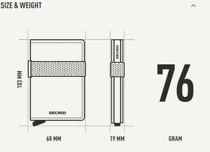 Diagram showing the SECRID - BANDWALLET MATTE POWDER IN EARTH AND BEIGE RFID protected wallet by SECRID, with dimensions of 103 mm in height, 68 mm in width, 19 mm in thickness, and a weight of 76 grams.