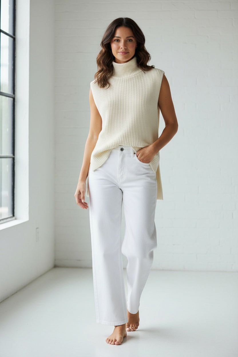 Wearing the FRANK & EILEEN MONTECITO Shell Mock Neck Sweater Shell in Ivory, a person with curly hair and white pants stands outdoors with their back to the camera, in front of a white building surrounded by greenery.