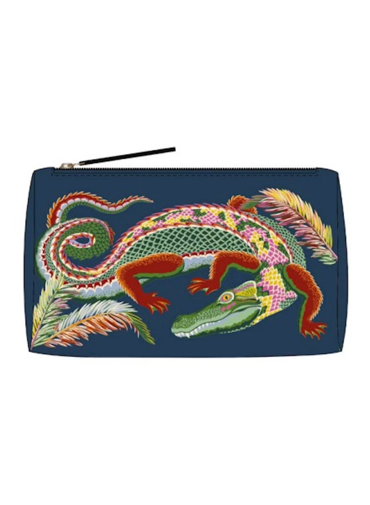 Introducing the INOUI EDITIONS - CROCO COSMETIC POUCH by INOUI, a navy polyester makeup bag adorned with a vibrant embroidered crocodile in green, yellow, and pink patterns, surrounded by multicolored embroidered leaves. Made in India.