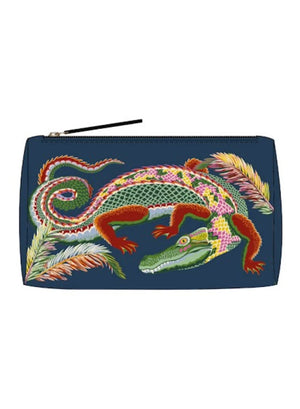 Introducing the INOUI EDITIONS - CROCO SMALL COSMETIC POUCH by INOUI, a navy blue zippered nylon pouch adorned with a colorful, embroidered alligator motif framed by decorative pink, brown, and green leaves. Made in India, this stylish accessory seamlessly blends functionality with vibrant design.