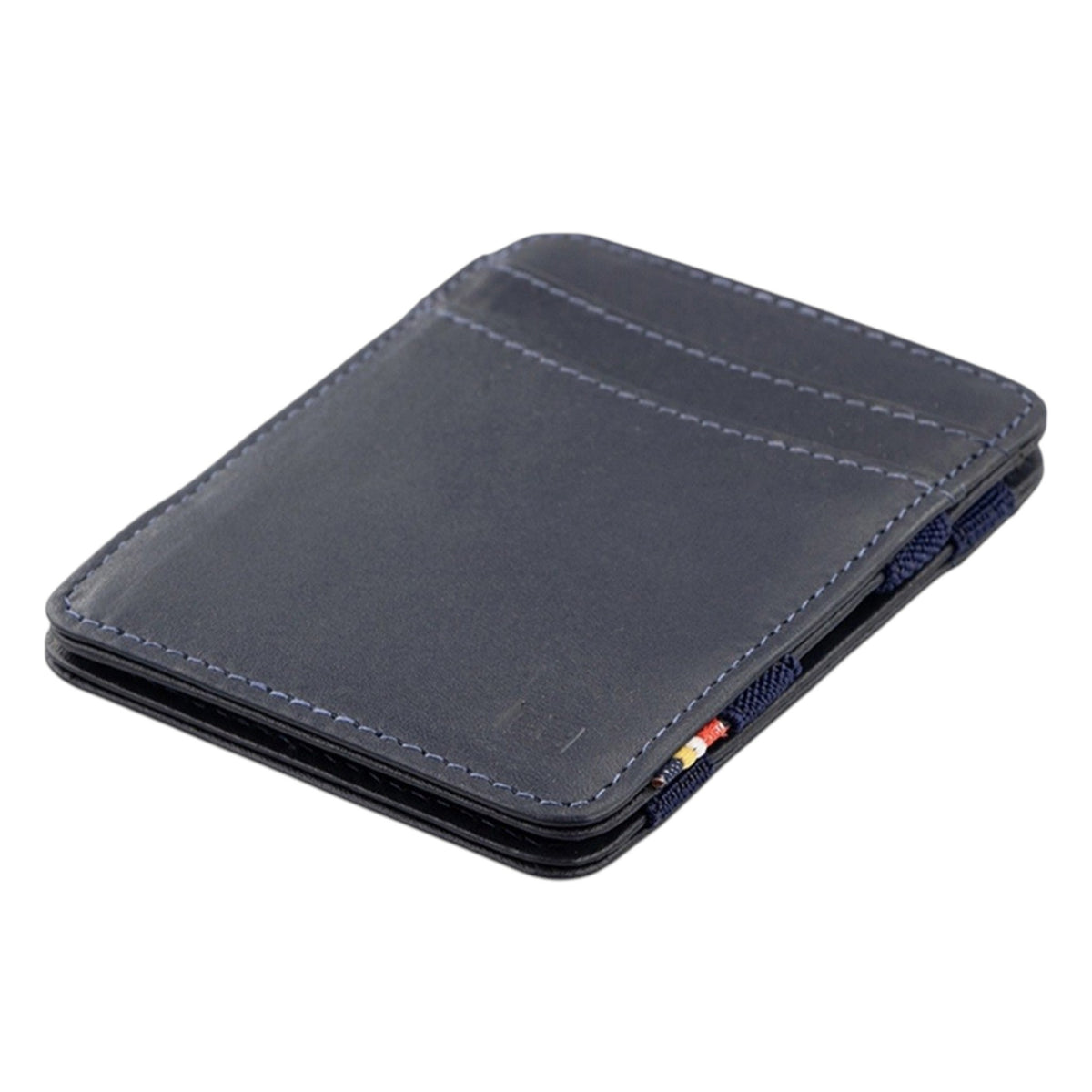 The GARZINI - MAGIC SLIM RFID-BLOCKING LEATHER WALLET IN BLUE features premium leather, multiple card slots, visible white stitching, and colorful cards peeking out. Shown angled on a white background, it offers secure RFID protection.