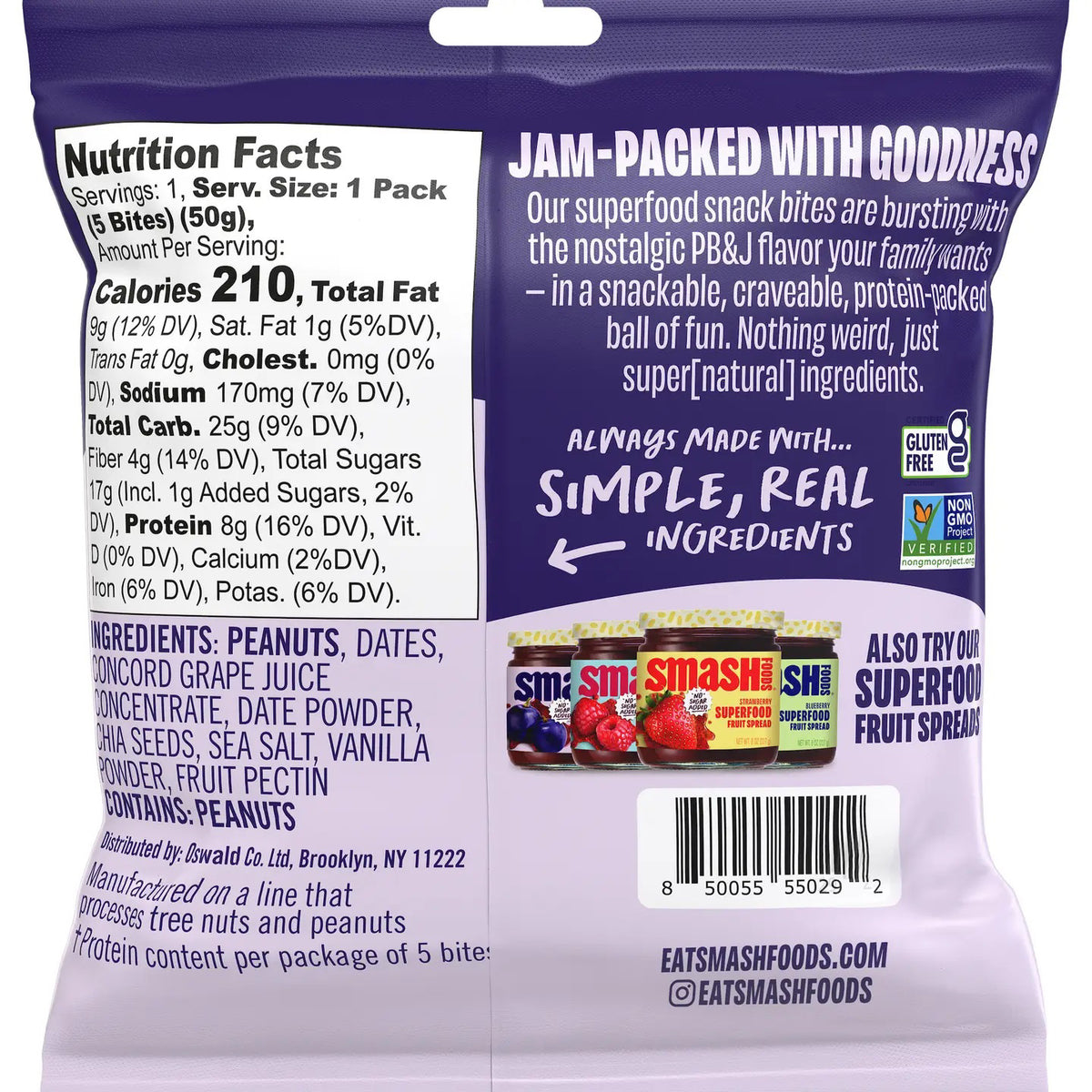 CHIA SMASH’s Peanut Butter and Concord Grape Snack Bites offer a protein-rich, gluten-free, vegan treat with 8g of protein. Made with upcycled fruit, the packaging features a plum and snack bite image.