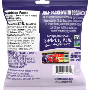 CHIA SMASH’s Peanut Butter and Concord Grape Snack Bites offer a protein-rich, gluten-free, vegan treat with 8g of protein. Made with upcycled fruit, the packaging features a plum and snack bite image.