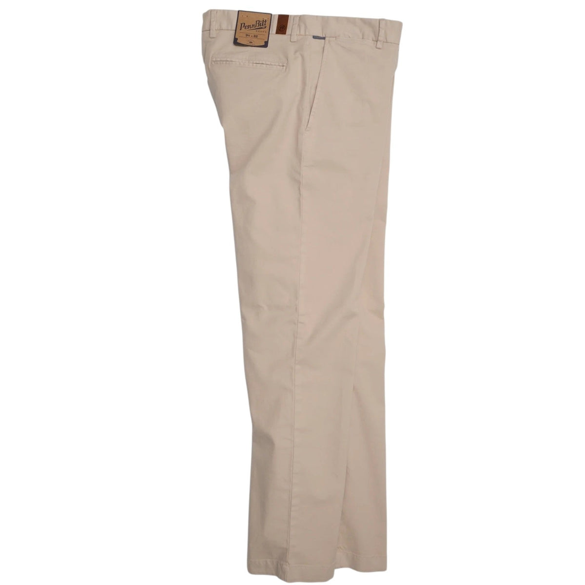 PENNBILT - THE PLAINSMAN PANT IN KHAKI by PENNBILT, featuring beige men’s stretch twill fabric and a brown patch label on the waistband, is neatly folded and displayed against a plain white background.