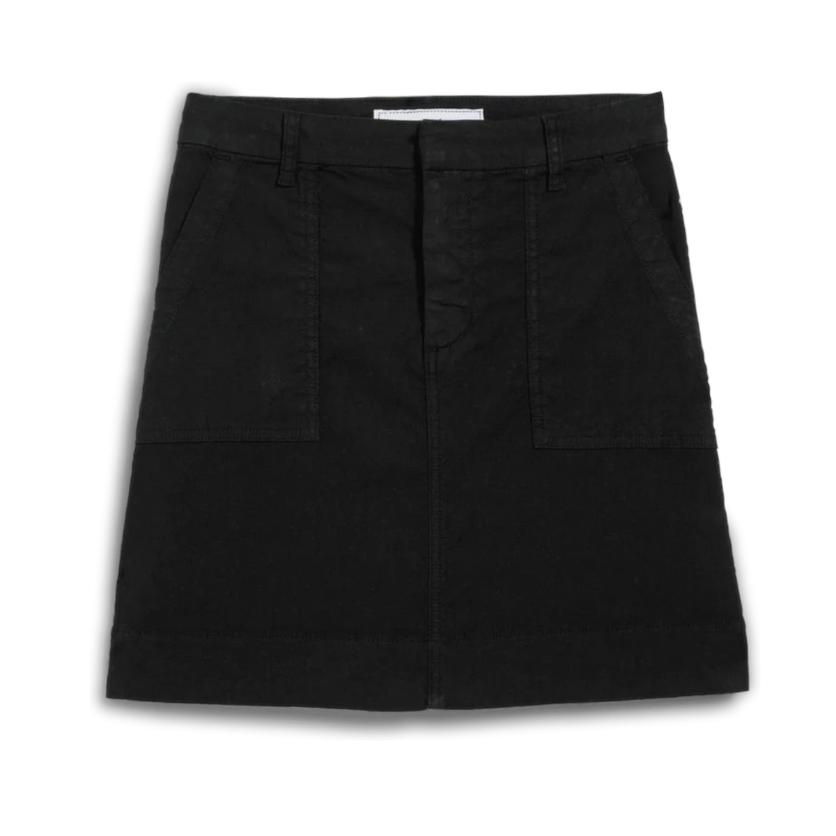 The FRANK &amp; EILEEN Jameson Utility Skirt in Black, made from Italian Performance Linen, features an above-the-knee A-line silhouette with utility pockets and a waistband, shown on a white background.