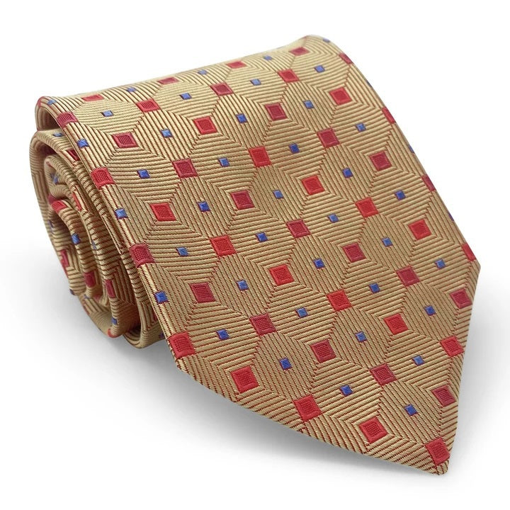 Expertly handmade in New York, the Peter-Blair Bespoke Adirondack Silk Tie in yellow by Bird Dog Bay features a rolled-up gold woven silk design, adorned with a geometric pattern of red diamonds and small blue squares.