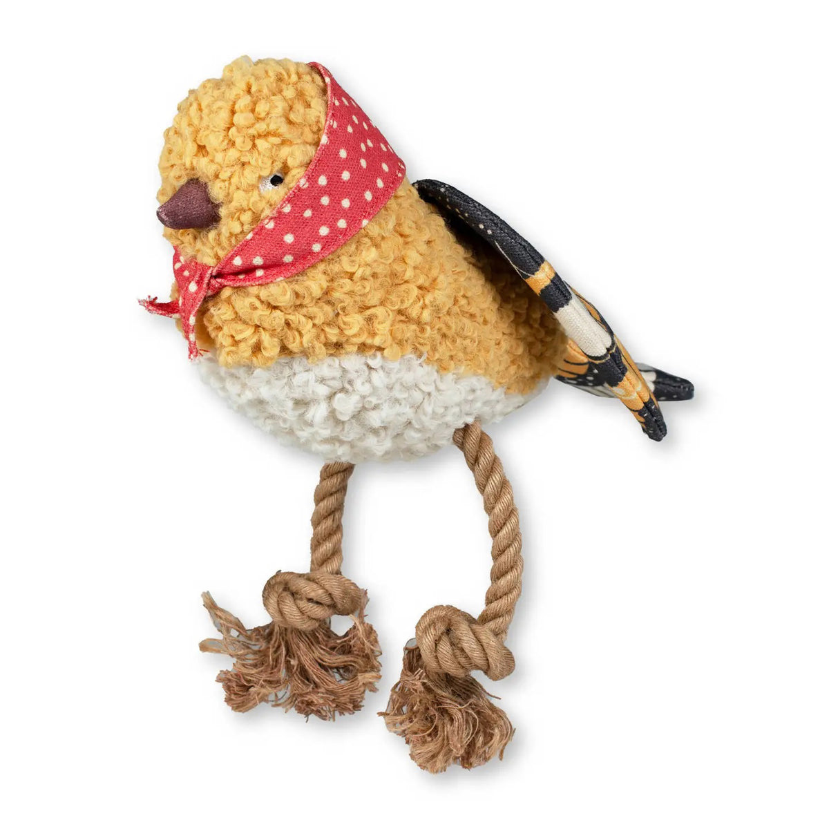 The PET SHOP BY FRINGE STUDIO's MS BIRDIE DOG TOY delights with a textured yellow and white body, red polka dot bandana, patterned wings, super loud squeaker, and tuggable jute rope legs for playful excitement.