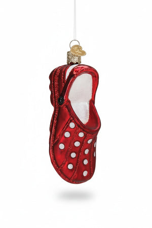 Old World Christmas RUBBER CLOG ORNAMENT shaped like a red rubber clog with white glitter polka dots.