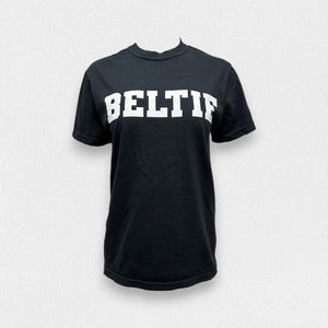 A black, unisex tee with short sleeves and a crew neck from the FEARRINGTON LIFESTYLE COLLECTION - BELTIE SHORT SLEEVE TEE SHIRT by COMFORT COLORS. The word "BELTIF" is printed in bold white capital letters across the chest. Made with premium fabric, this shirt is showcased on a plain light-colored background.