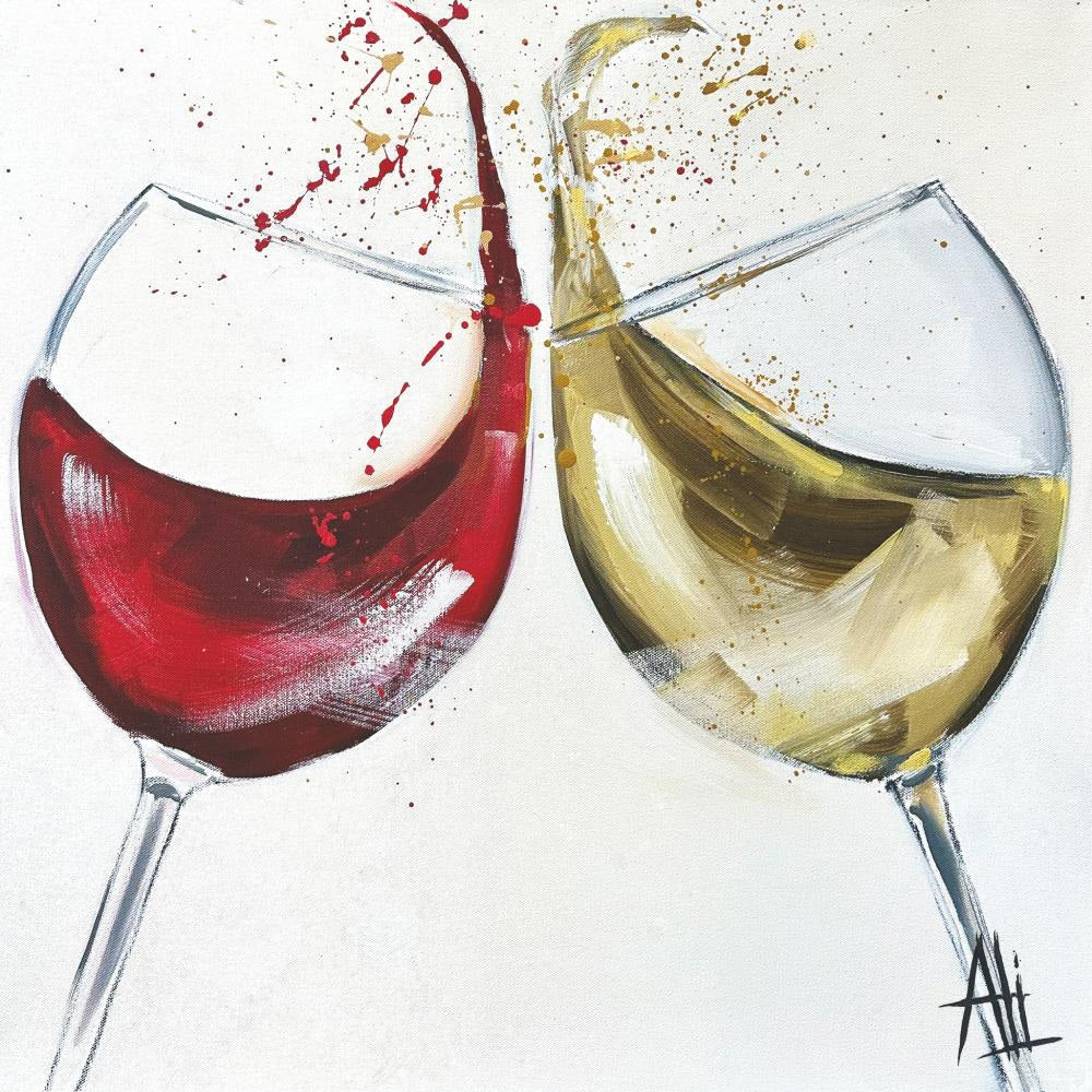 The ROUGE ET BLANC BEVERAGE NAPKINS by PAPER PRODUCTS DESIGN feature a celebratory painting of two clinking wine glasses, one with red and the other with white wine, on a crisp white background. The artist's signature appears in the bottom right corner, making them ideal for any festive occasion.