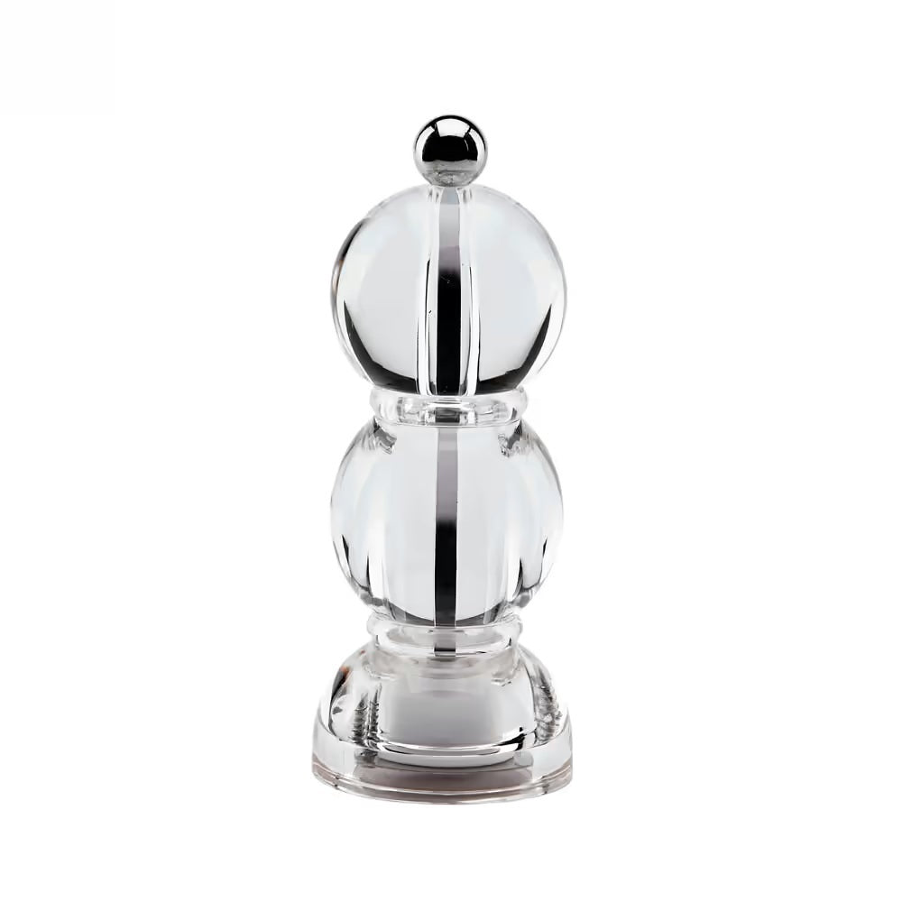 The ADDISON ROSS LONDON MINI BOB SALT OR PEPPER MILL 14CM features a clear bulbous acrylic body, round top knob, and a ceramic grinder, standing upright against a white background.