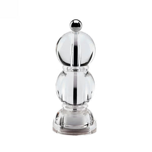 The ADDISON ROSS LONDON MINI BOB SALT OR PEPPER MILL 14CM features a clear bulbous acrylic body, round top knob, and a ceramic grinder, standing upright against a white background.