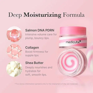 A jar of GLOWISS MEDICUBE - PDRN LIP SLEEPING MASK GLOW BALM features a pink and white swirl design, displayed with a moisturizing dollop of the pink and white balm above the open container.