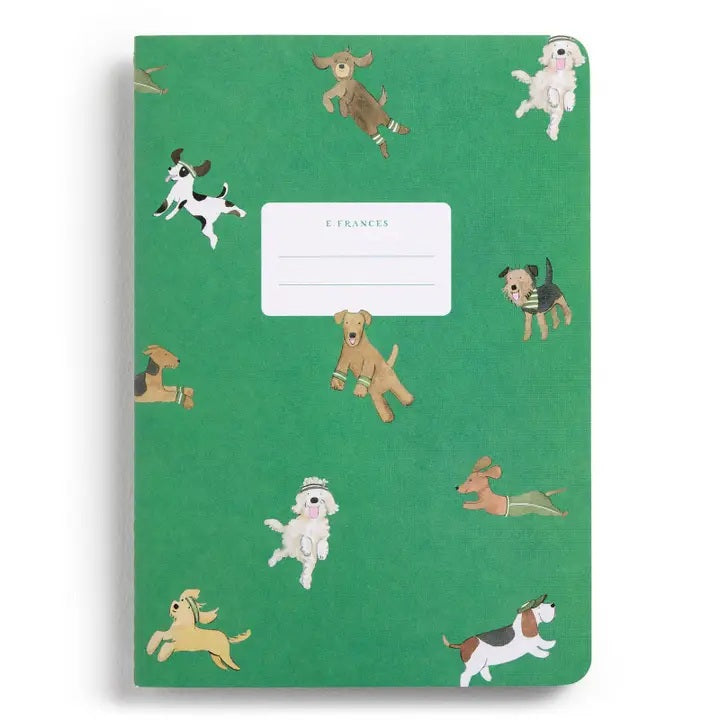 The E. FRANCES - STITCHED NOTEBOOKS OFF LEASH, SET OF 2 by E. FRANCES PAPER features one notebook with green stripes and a dog illustration, and another adorned with playful pups—perfect for pet lovers’ stationery needs.