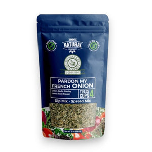 A blue pouch labeled “TO MARKET - PARDON MY FRENCH ONION DIP MIX” from TO MARKET- DIPS & SPREADS sits next to a white bowl of dip with crackers. The package highlights that it is all-natural, salt-free, gluten free, and yields 4 cups—making it the perfect choice for anyone craving a classic French onion dip or a flavorful soup mix.