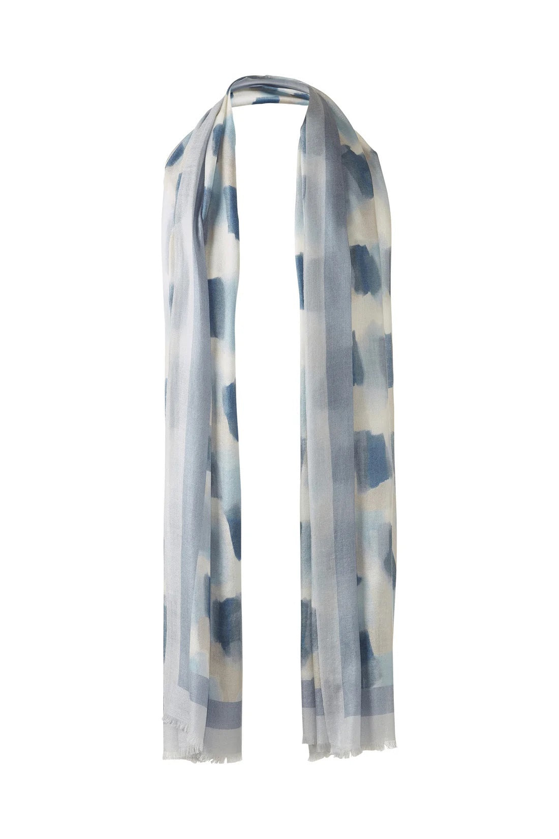 The KINROSS CASHMERE - BRUSHSTROKE PRINT CASHMERE SCARF by KINROSS features a lightweight, translucent fabric with a beige and white abstract geometric pattern and slightly frayed edges, displayed hanging to highlight its length.