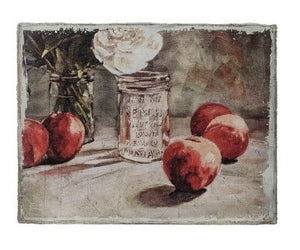 The CREATIVE COOP CANVAS STILL LIFE WITH FRUIT OR VEGETABLES features a blue and white bowl with a spoon, pears, and an apple on a light background—ideal for kitchen wall art or farmhouse décor.