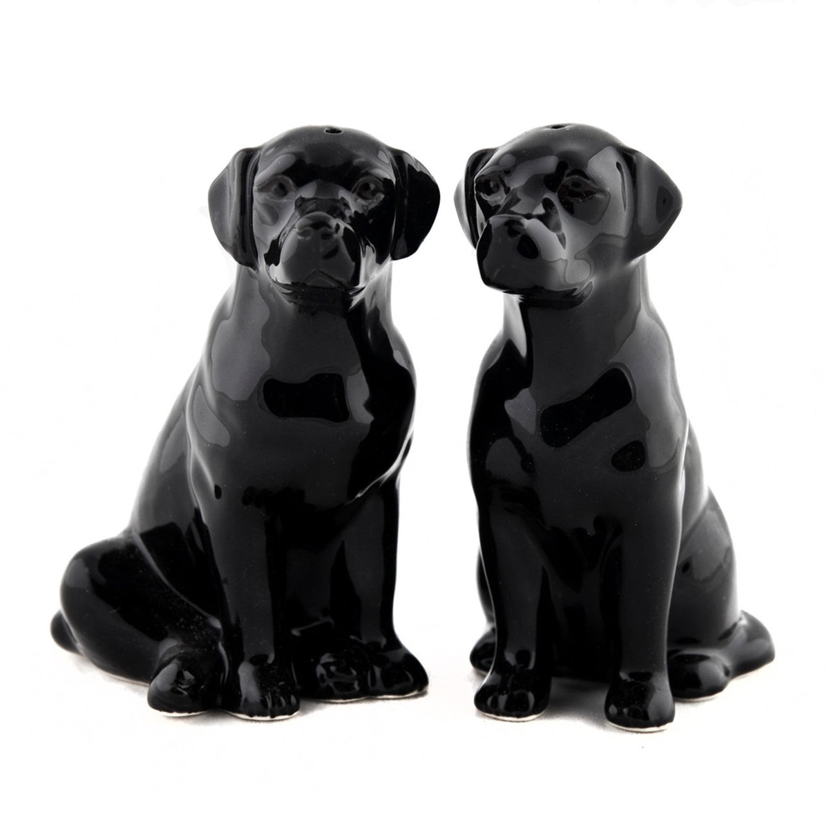 The QUAIL DESIGNS QUAIL CERAMICS Black Labrador Salt and Pepper Set features handpainted stoneware dogs sitting back-to-back. Dishwasher safe, these charming figurines make a delightful table addition.