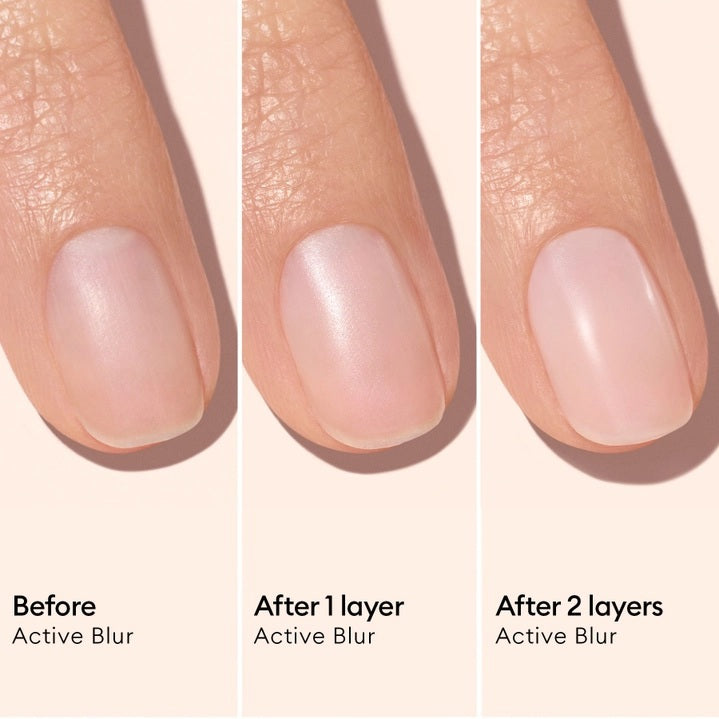 Three close-up photos of a fingernail: first, bare; second, after one coat of MANUCURIST - ACTIVE™ BLUR TREATMENT POLISH in a powder-pink shade (appearing slightly shinier); and third, after two coats (showing even glossier and smoother results). Each stage is clearly labeled to highlight the transformation, perfect for fans of MANUCURIST INC vegan nail care solutions.
