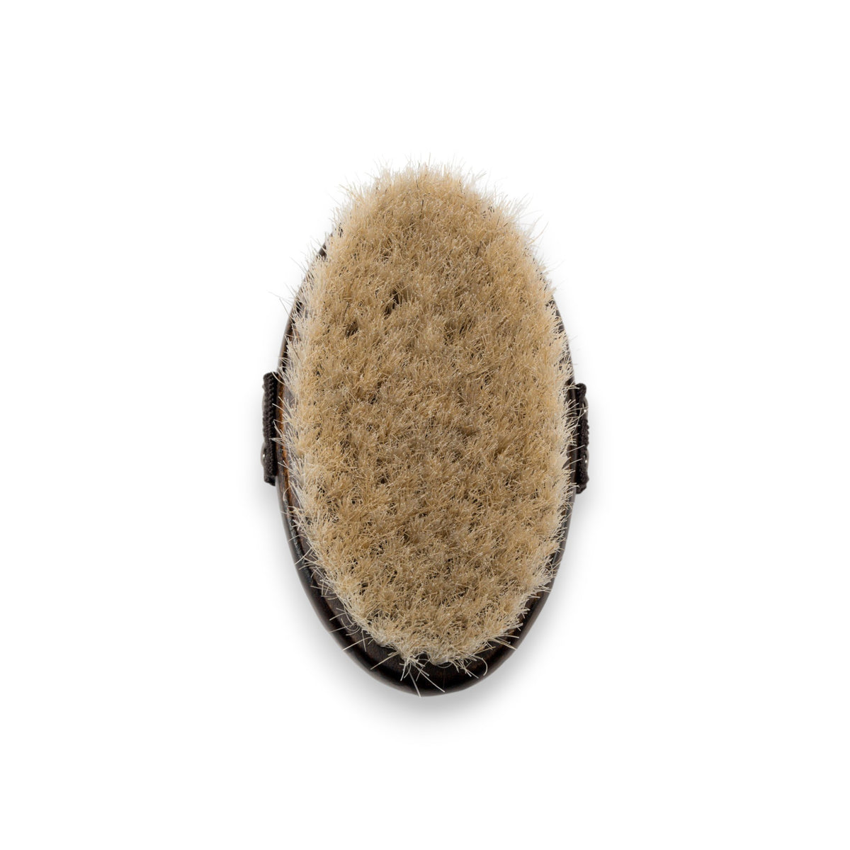 A rectangular box labeled &quot;BAUDELAIRE - BEECHWOOD 5\&quot; BODY BRUSH&quot; with a tree illustration stands upright on a white surface. Next to it lies a beechwood body brush featuring natural horsehair bristles and a black hand strap. Both items evoke the essence of traditional Japanese rituals against the plain white background.