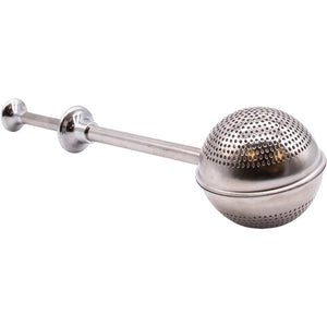 The STEEPER by THE CHAI BOX is a stainless steel, sphere-shaped infuser with fine perforations and a long handle—ideal for brewing loose leaf teas or infusing spices and fruits into your drinks.