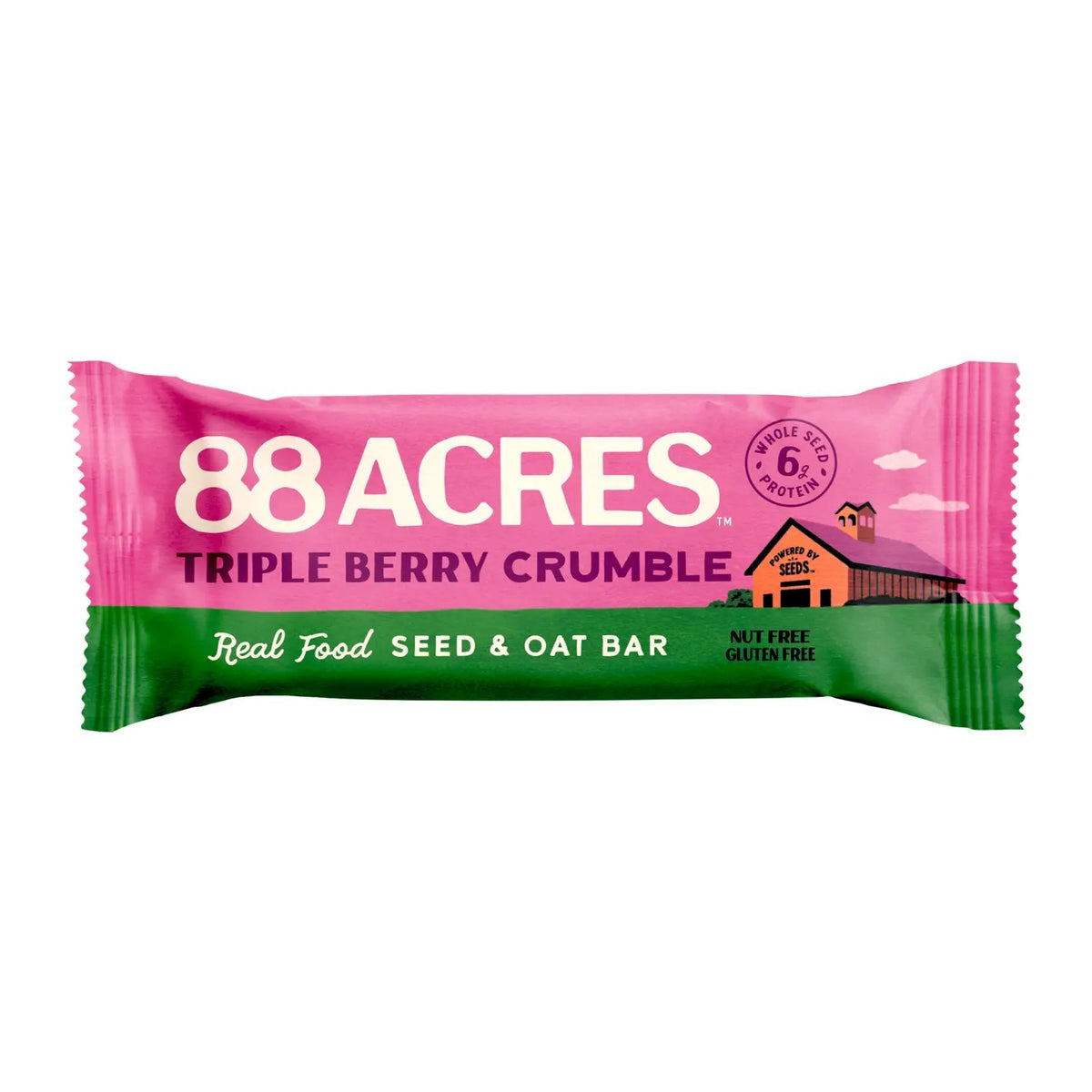 An 88 ACRES - TRIPPLE BERRY CRUMBLE Seed + Oat Bar rests on a light wooden surface, with its package partially open to show a portion of the nut-free and vegan granola bar inside. The packaging is white, featuring a vibrant purple section that displays the product name and various icons.